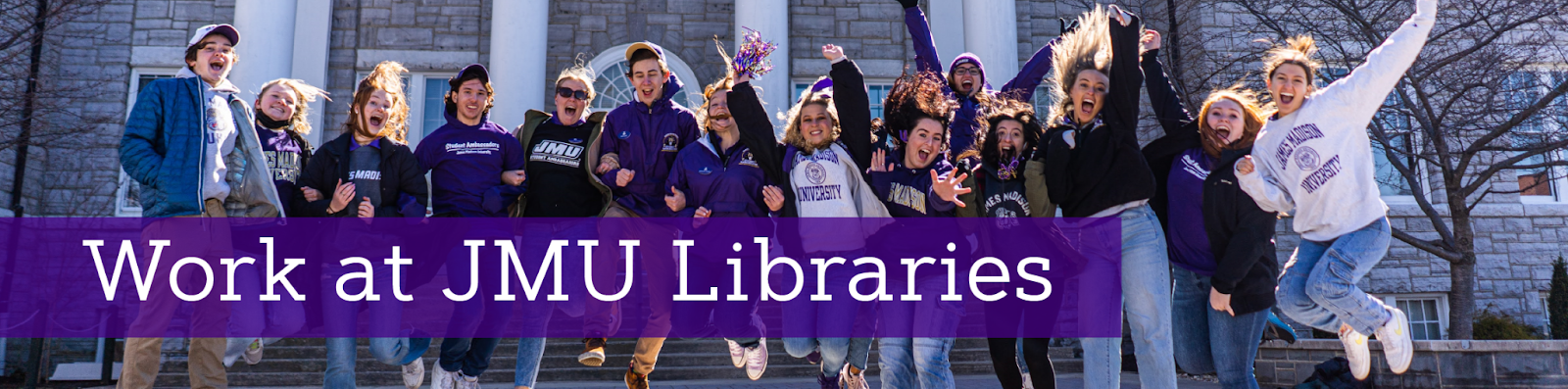 banner photo with students in front of Carrier Library with text: work at JMU Libraries