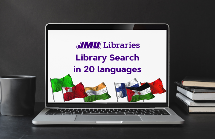 laptop with flags and text reading Library Search in 20 languages