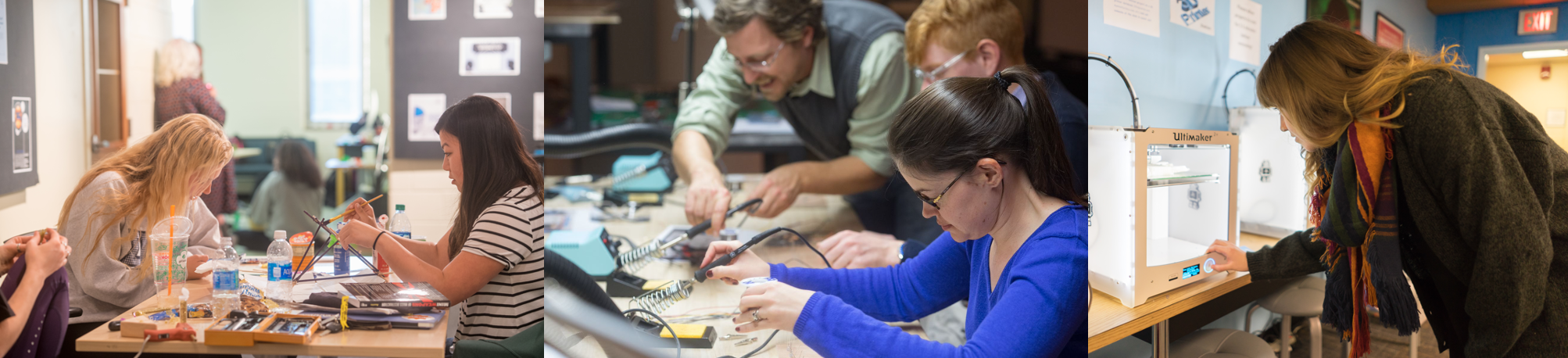 Photos of people painting 3D objects, learning to use electronics, and looking closely at a 3D printer