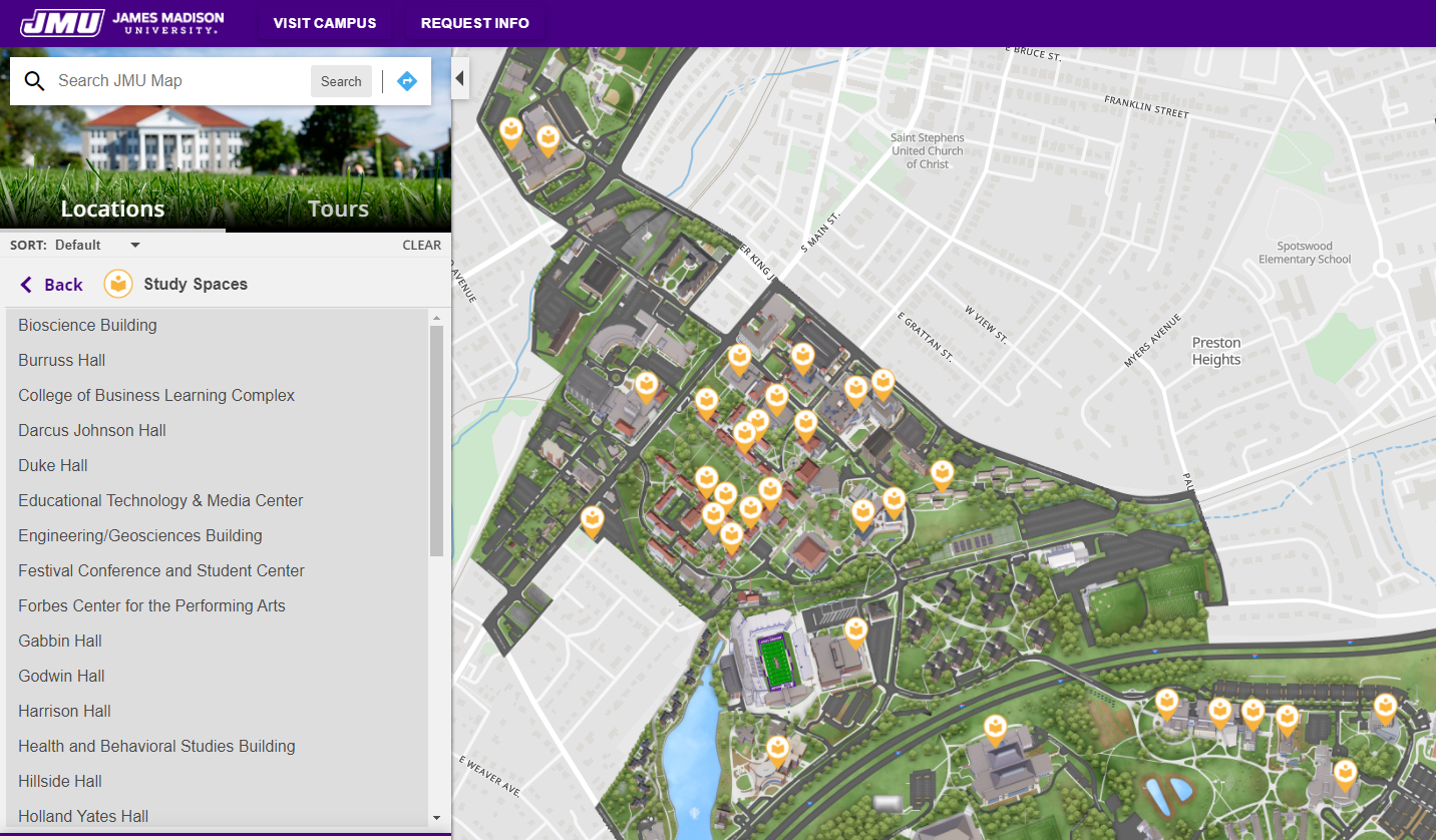 Interactive map showing study spaces at JMU