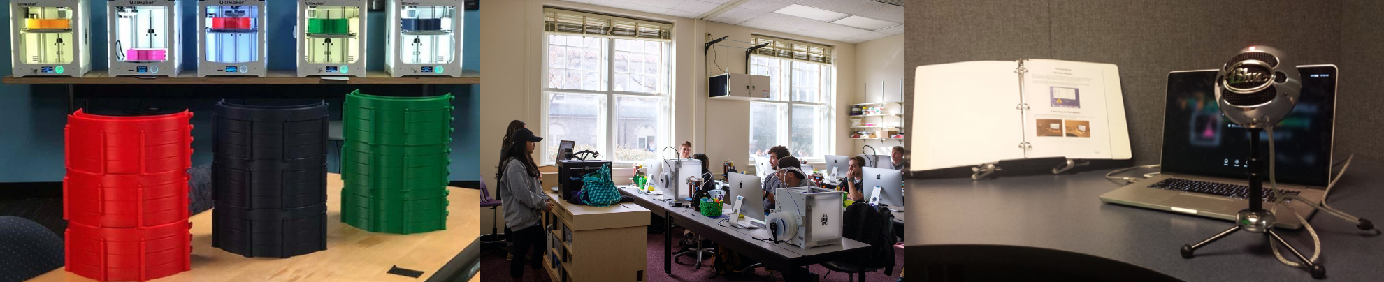 Collage of photos including 3D printed objects, a 3D printing classroom, and a webcam and laptop