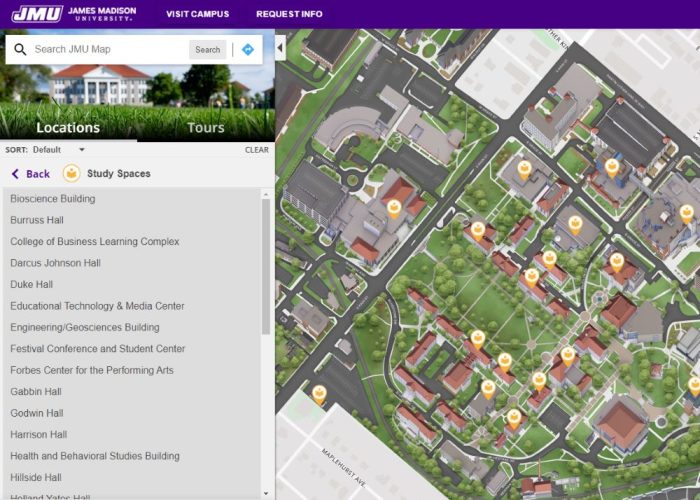 map of study spots on JMU's campus