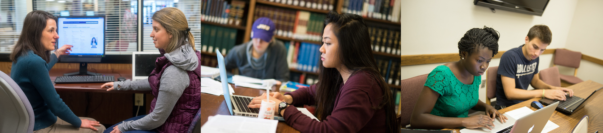 Collage of photos of students studying and a staff member helping a student