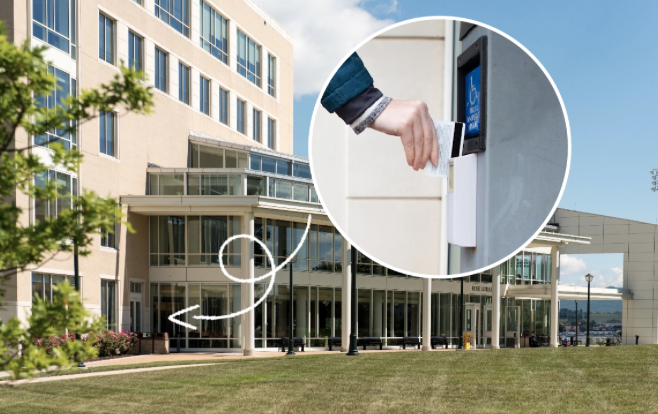 Photo of Rose Library with arrow pointing to entrance to the left of main entrance; zoomed in image of hand swiping JACard at entrance