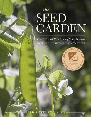 A close up photo of a pea pod growing on a pea plant. The cover for the book The Seed Garden.