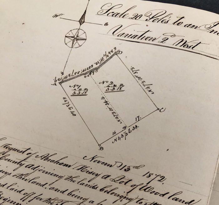 Plat & division of woodland belonging to Abraham Hisey, 1872 November 13 (Box: 1, Folder: 53. Tisinger Family collection of Shenandoah County land surveys, SC 0354)